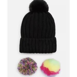 BP Nordstrom Beanie Interchangeable Pom Poms Fold Front Faux Fur Knit Black